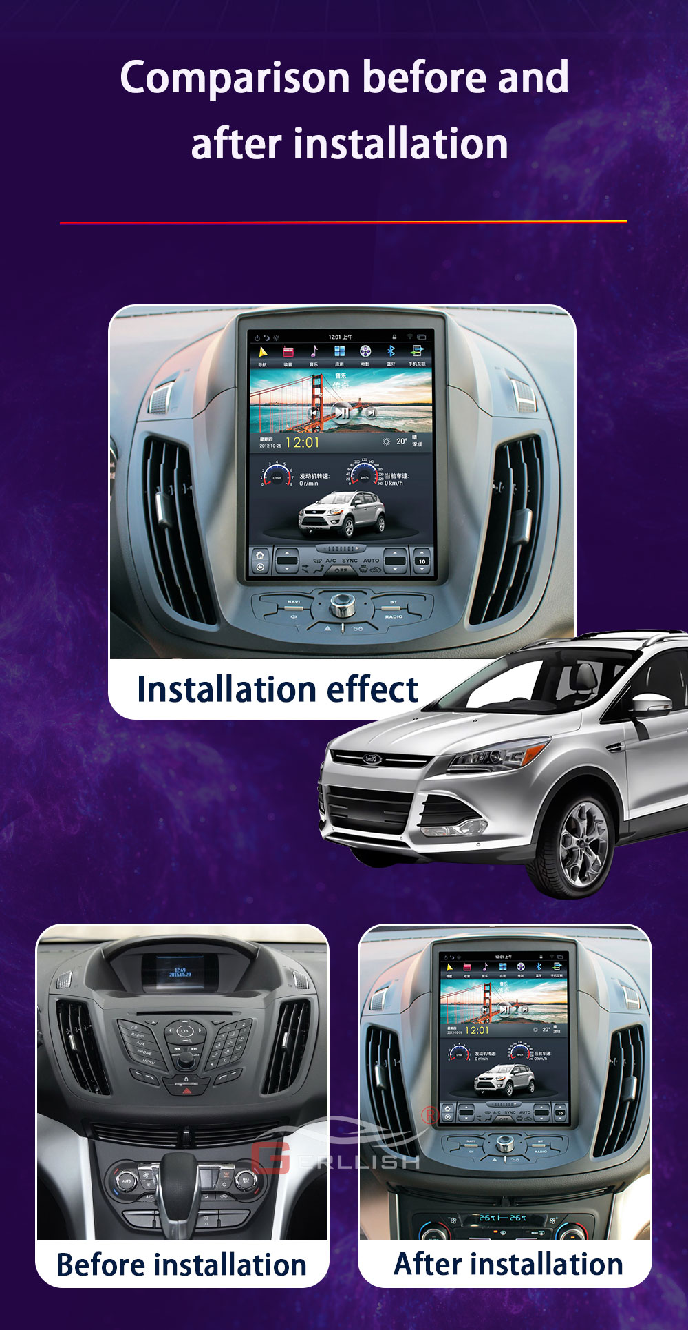 10.4'' Vertical Screen Car Video Radio Audio Android Multimedia Player GPS Navigation Ford Kuga 2013-2017 